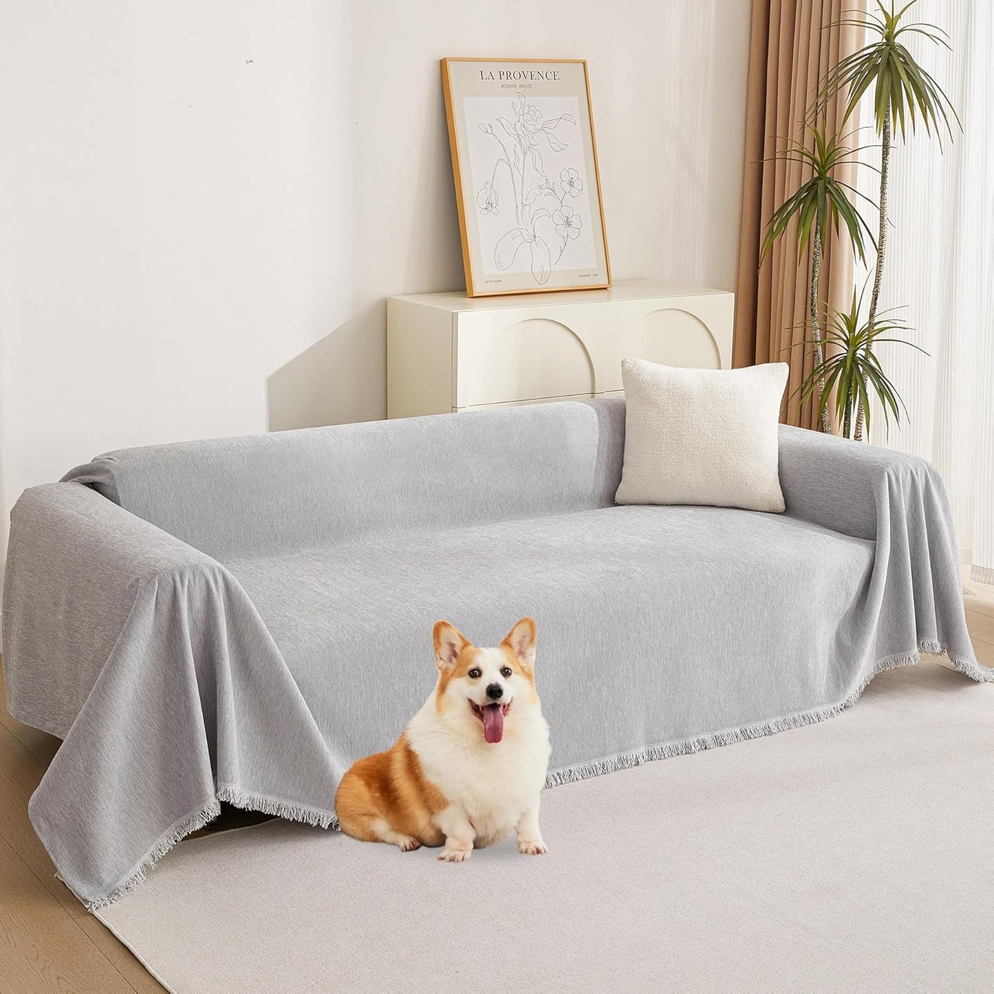 MYSKY HOME Couch Cover for Pets, Beige Couch Covers for 2 Cushion Couch Sofa, Sofa Slipcover Sectional L Shape Chenille Covers for Pets, Throw Couch for Dogs, Kids,71" X118"