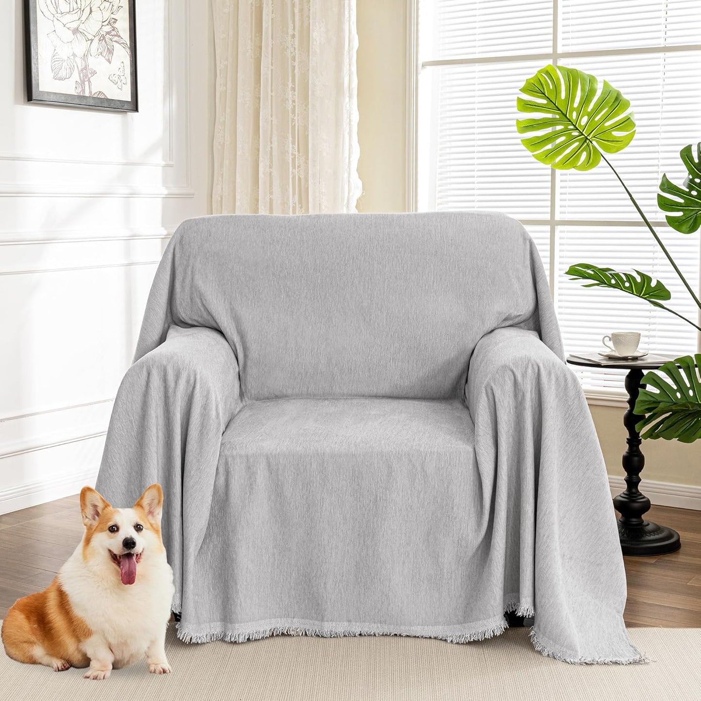 MYSKY HOME Couch Cover for Pets, Beige Couch Covers for 2 Cushion Couch Sofa, Sofa Slipcover Sectional L Shape Chenille Covers for Pets, Throw Couch for Dogs, Kids,71" X118"