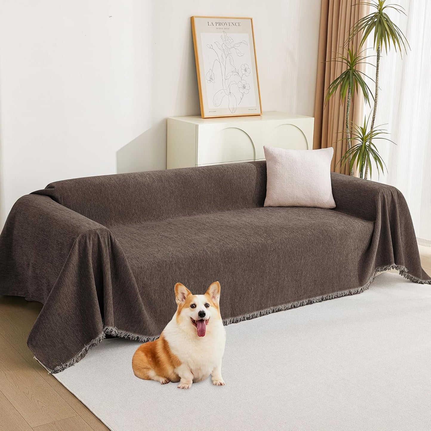 MYSKY HOME Couch Cover for Pets, Beige Couch Covers for 2 Cushion Couch Sofa, Sofa Slipcover Sectional L Shape Chenille Covers for Pets, Throw Couch for Dogs, Kids,71" X118"