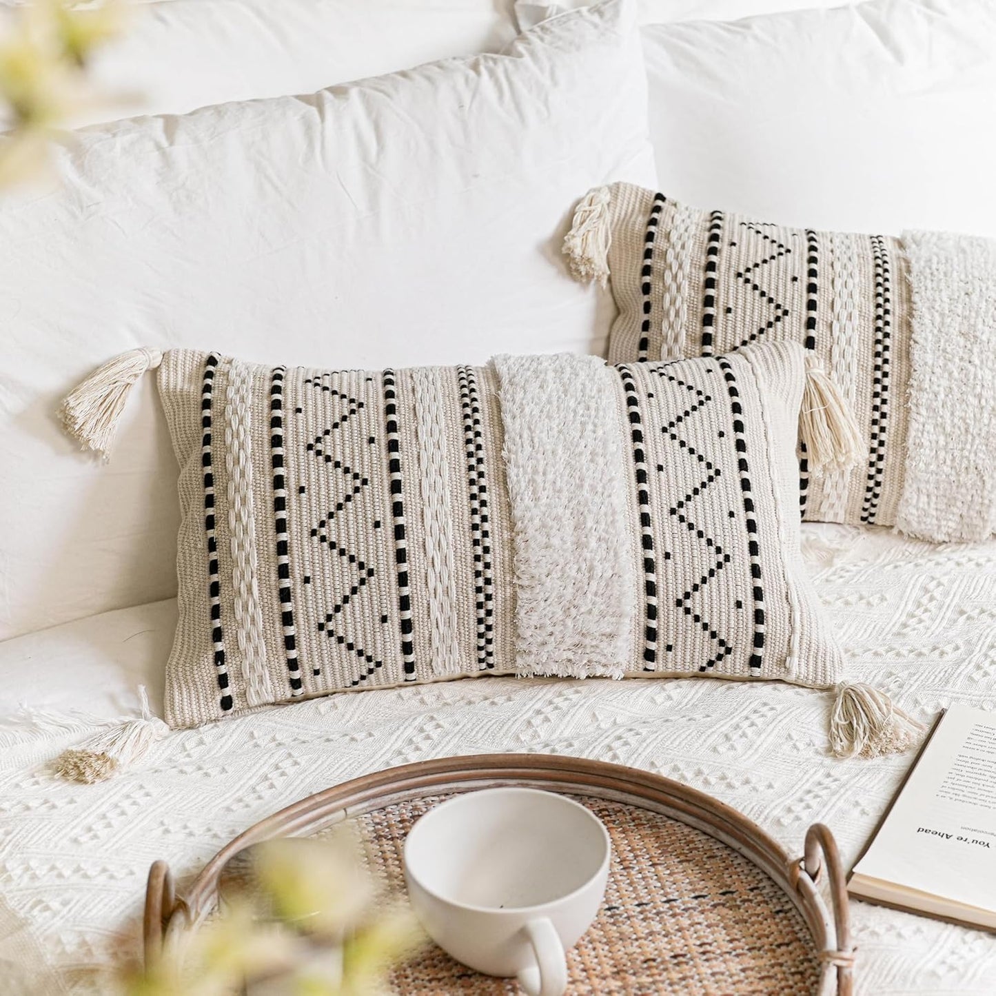 Gray Decorative Throw Pillow Cover 20x20 Combo Set of 2 Square Boho Neutral Grey Accent Pillowcase Tassels Farmhouse Cushion for Couch Sofa Bedroom Living Room Home Décor Cover ONLY