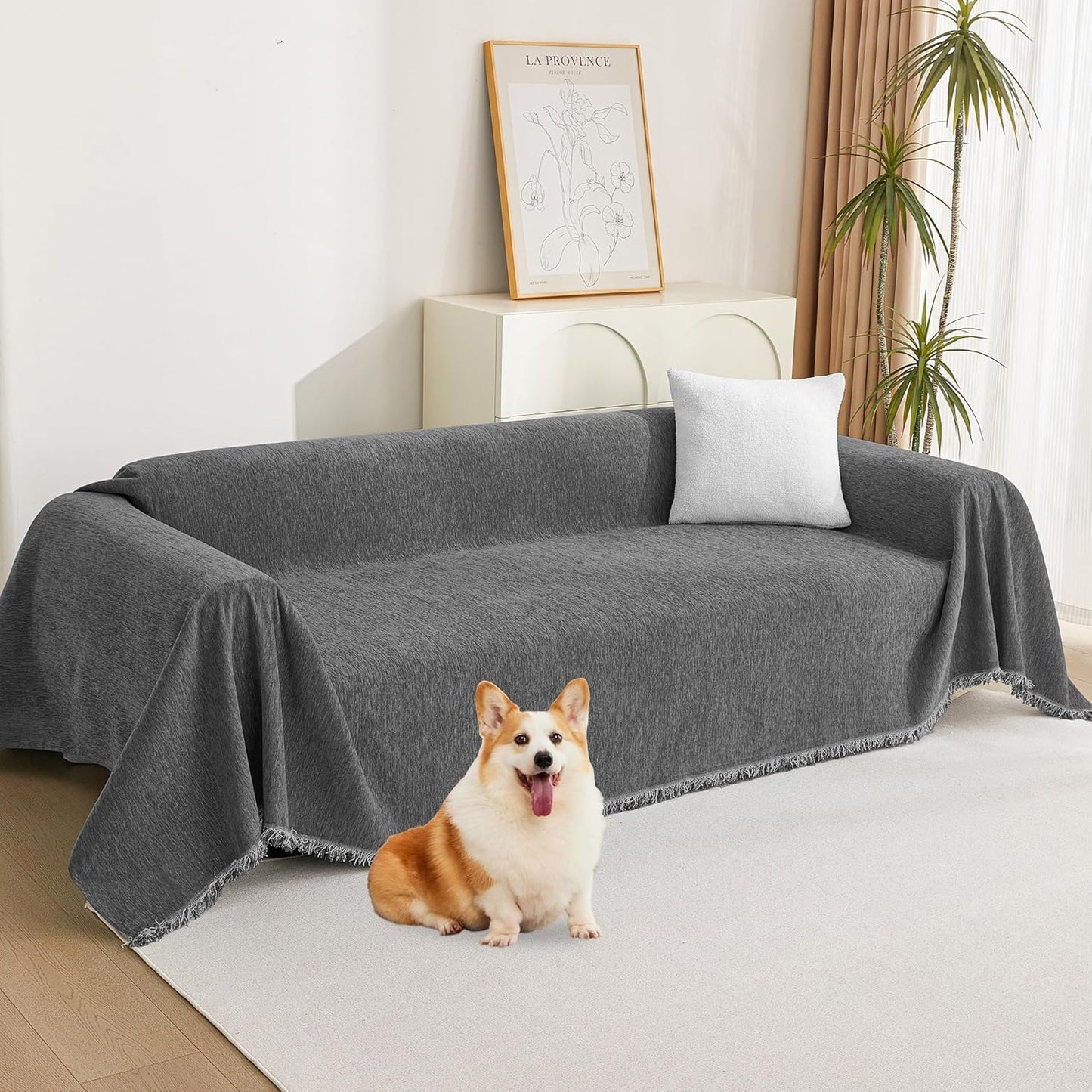 MYSKY HOME Couch Cover for Pets, Beige Couch Covers for 2 Cushion Couch Sofa, Sofa Slipcover Sectional L Shape Chenille Covers for Pets, Throw Couch for Dogs, Kids,71" X118"