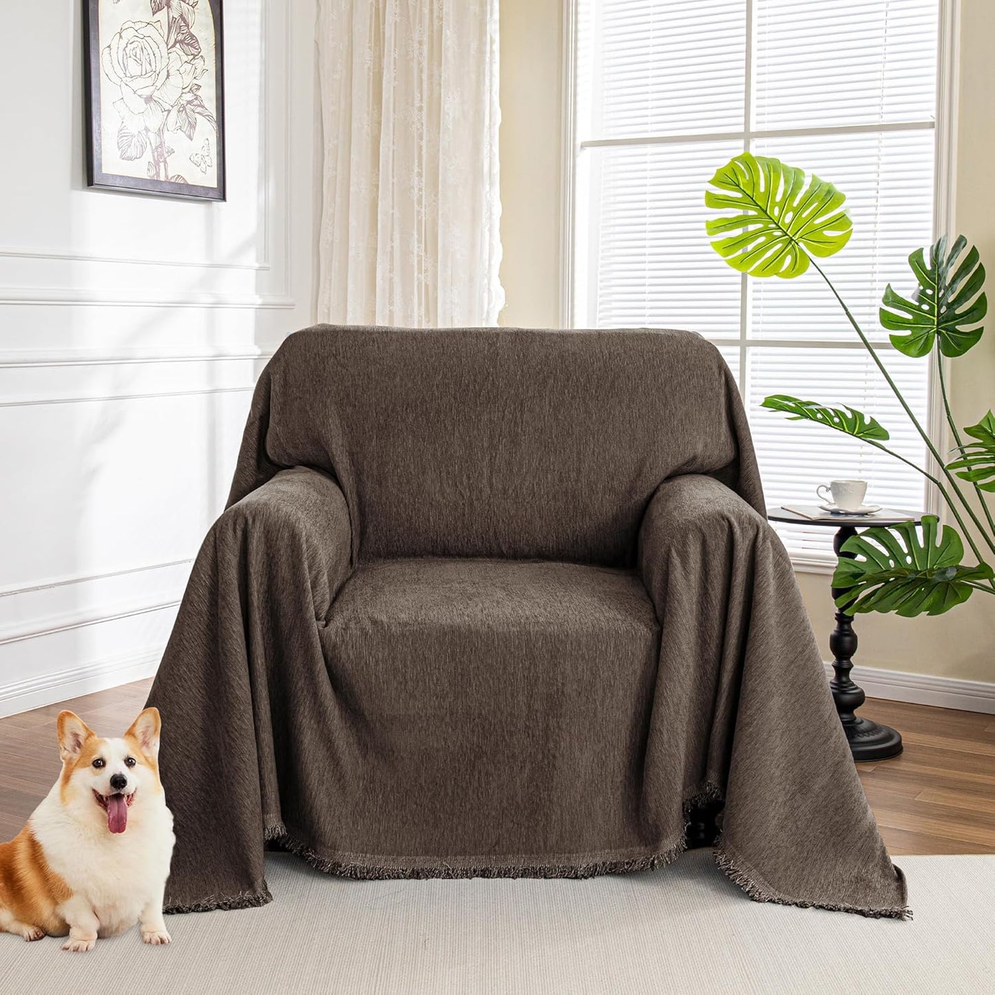MYSKY HOME Couch Cover for Pets, Beige Couch Covers for 2 Cushion Couch Sofa, Sofa Slipcover Sectional L Shape Chenille Covers for Pets, Throw Couch for Dogs, Kids,71" X118"