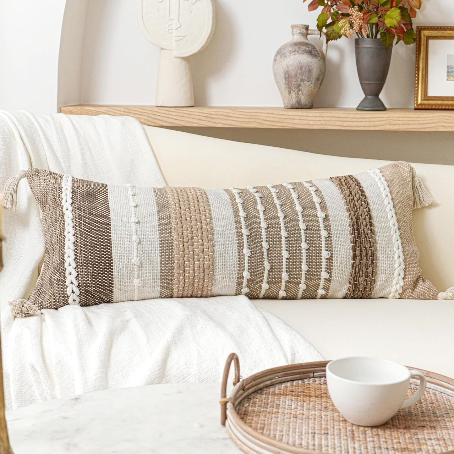 Coastal Blue Decorative Lumbar Pillow Cover 14x36 Boho Long Body Pillow for Bed Farmhouse Lumbar Throw Pillow for Couch Modern Accent Textured Throw Pillowcase