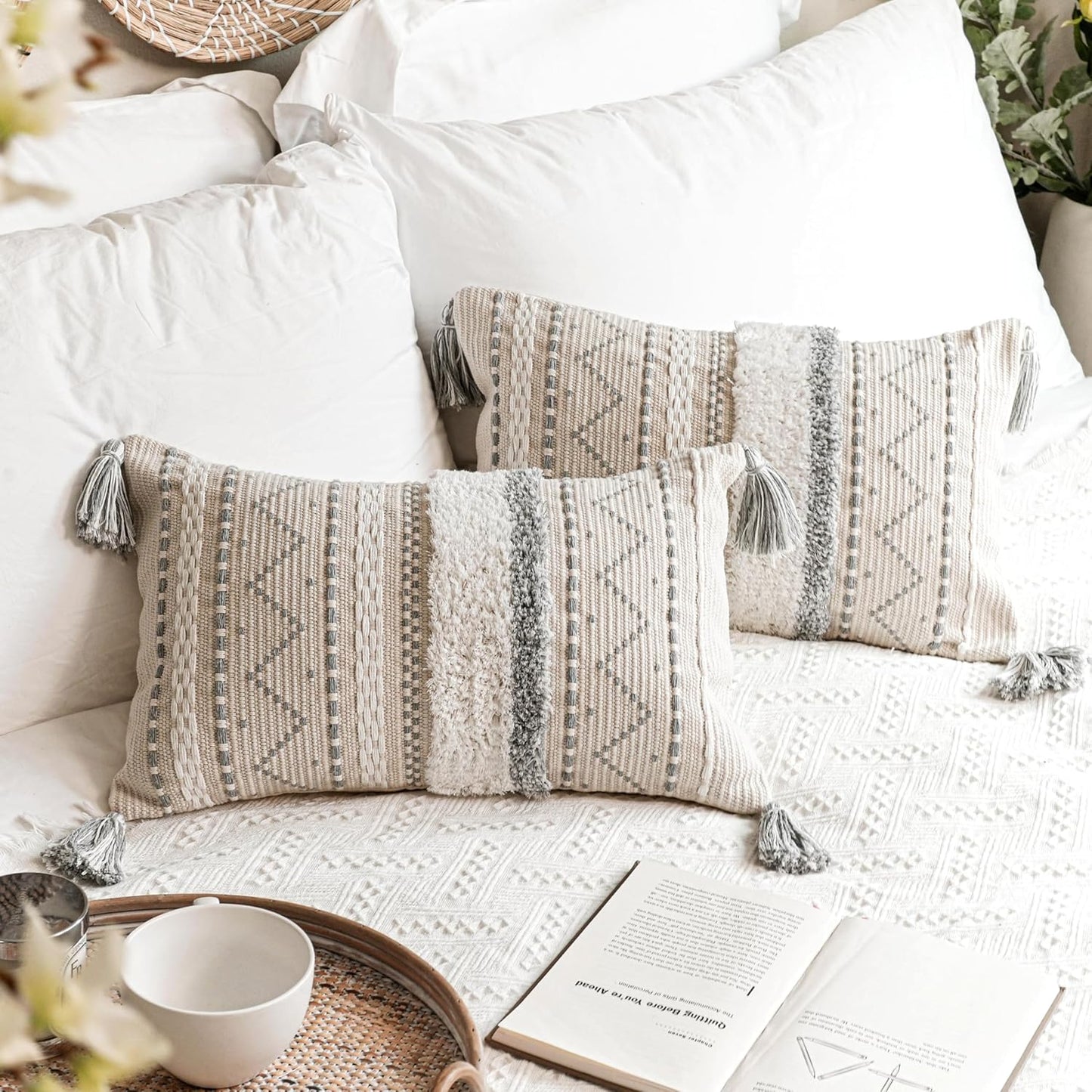 Gray Decorative Throw Pillow Cover 20x20 Combo Set of 2 Square Boho Neutral Grey Accent Pillowcase Tassels Farmhouse Cushion for Couch Sofa Bedroom Living Room Home Décor Cover ONLY