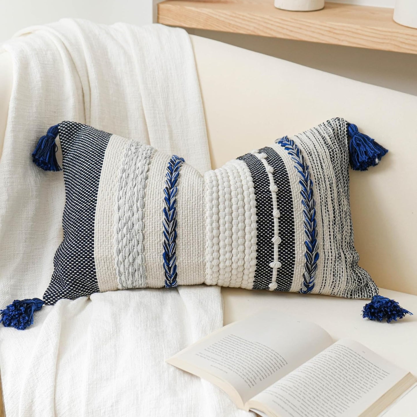 Coastal Blue Decorative Lumbar Pillow Cover 14x36 Boho Long Body Pillow for Bed Farmhouse Lumbar Throw Pillow for Couch Modern Accent Textured Throw Pillowcase
