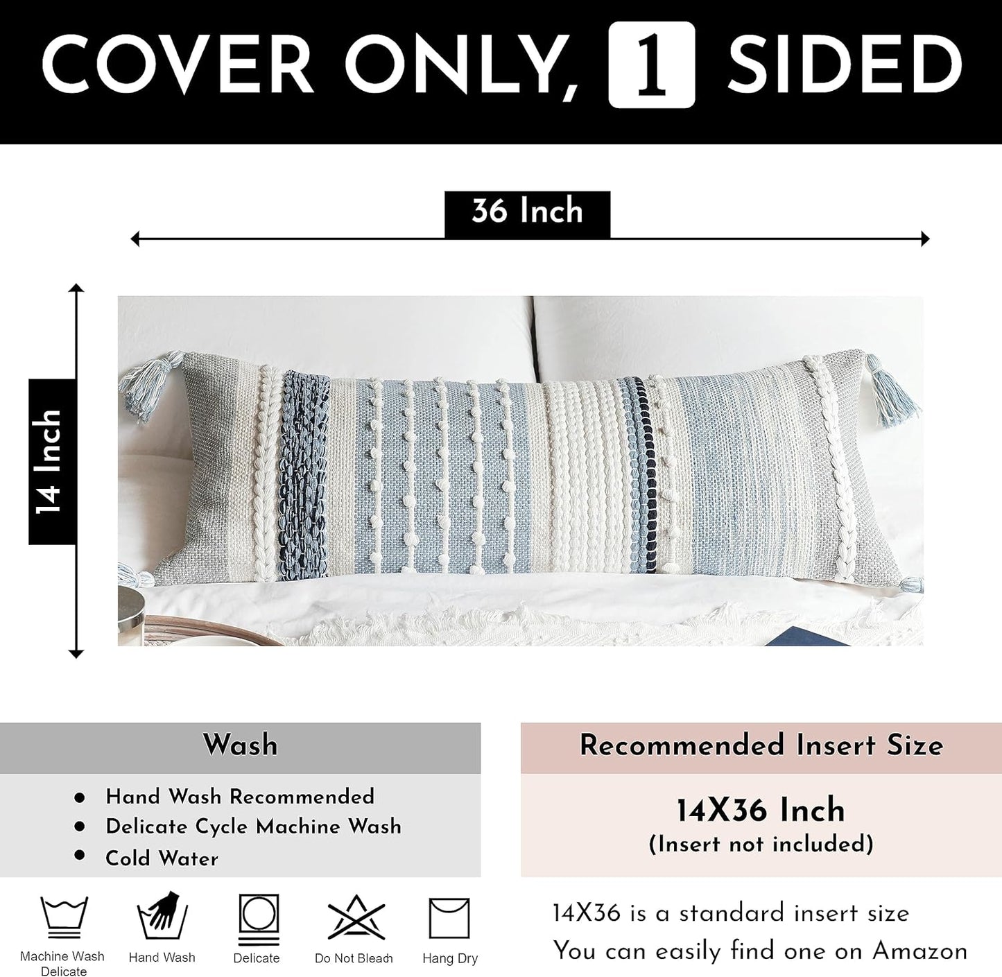 Coastal Blue Decorative Lumbar Pillow Cover 14x36 Boho Long Body Pillow for Bed Farmhouse Lumbar Throw Pillow for Couch Modern Accent Textured Throw Pillowcase