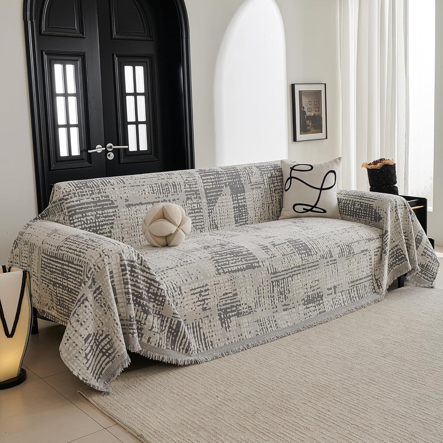 MYSKY HOME Couch Cover for Pets, Beige Couch Covers for 2 Cushion Couch Sofa, Sofa Slipcover Sectional L Shape Chenille Covers for Pets, Throw Couch for Dogs, Kids,71" X118"