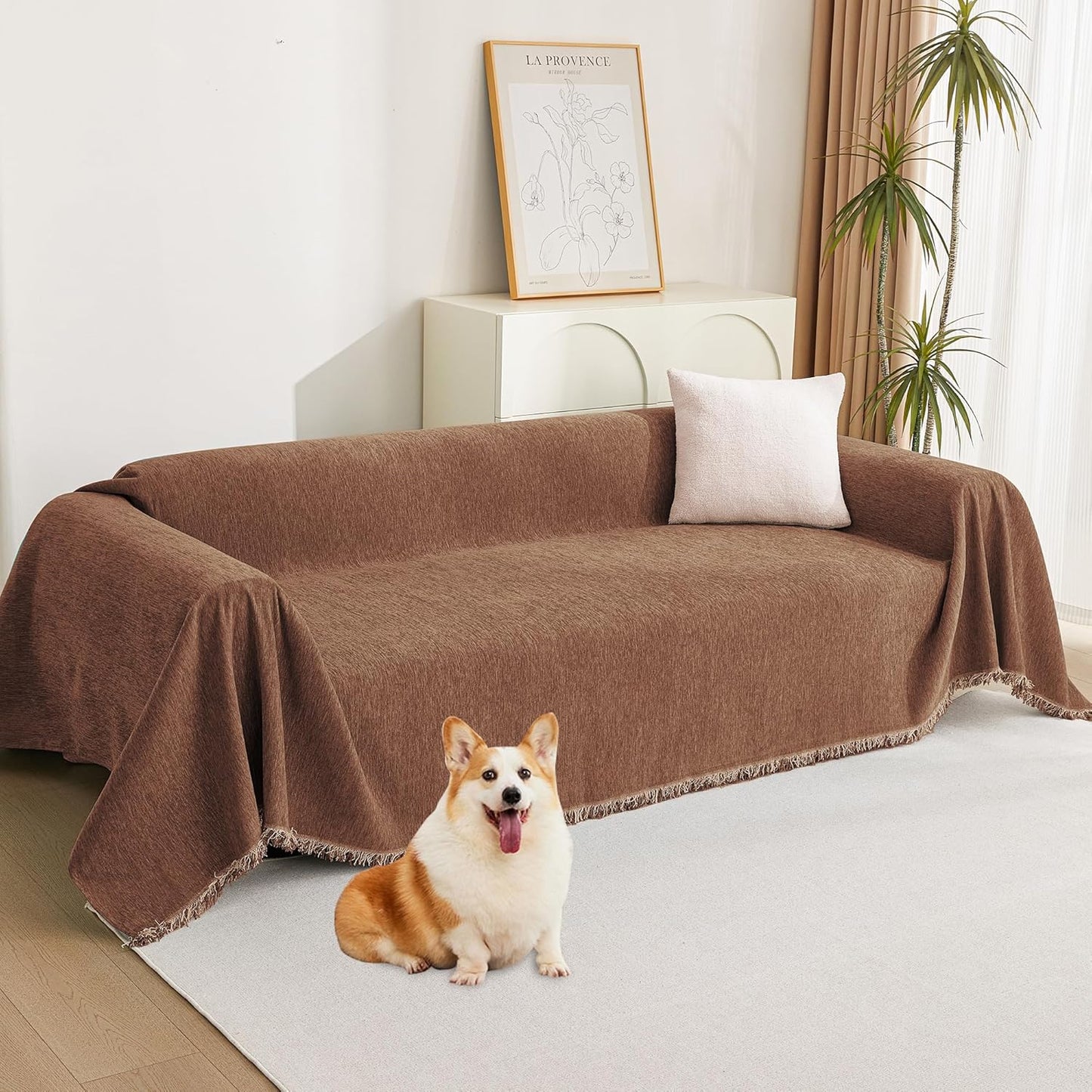 MYSKY HOME Couch Cover for Pets, Beige Couch Covers for 2 Cushion Couch Sofa, Sofa Slipcover Sectional L Shape Chenille Covers for Pets, Throw Couch for Dogs, Kids,71" X118"