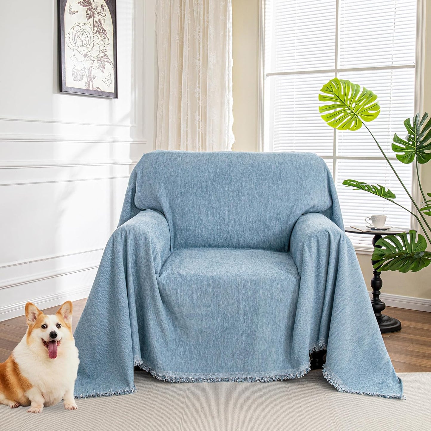 MYSKY HOME Couch Cover for Pets, Beige Couch Covers for 2 Cushion Couch Sofa, Sofa Slipcover Sectional L Shape Chenille Covers for Pets, Throw Couch for Dogs, Kids,71" X118"