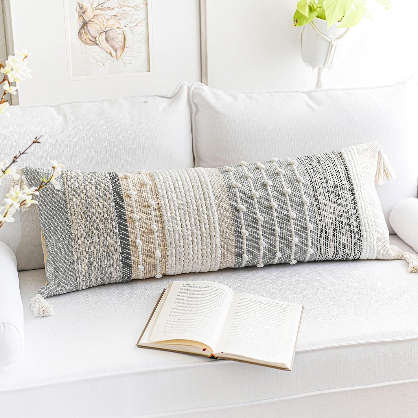 Coastal Blue Decorative Lumbar Pillow Cover 14x36 Boho Long Body Pillow for Bed Farmhouse Lumbar Throw Pillow for Couch Modern Accent Textured Throw Pillowcase