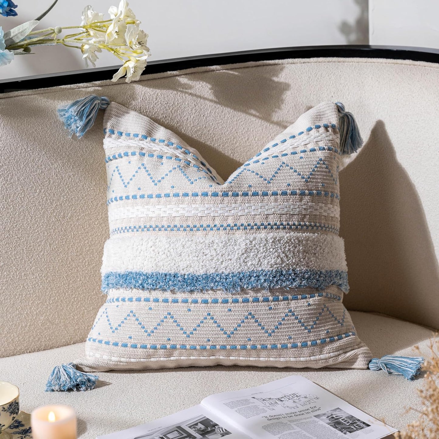Gray Decorative Throw Pillow Cover 20x20 Combo Set of 2 Square Boho Neutral Grey Accent Pillowcase Tassels Farmhouse Cushion for Couch Sofa Bedroom Living Room Home Décor Cover ONLY