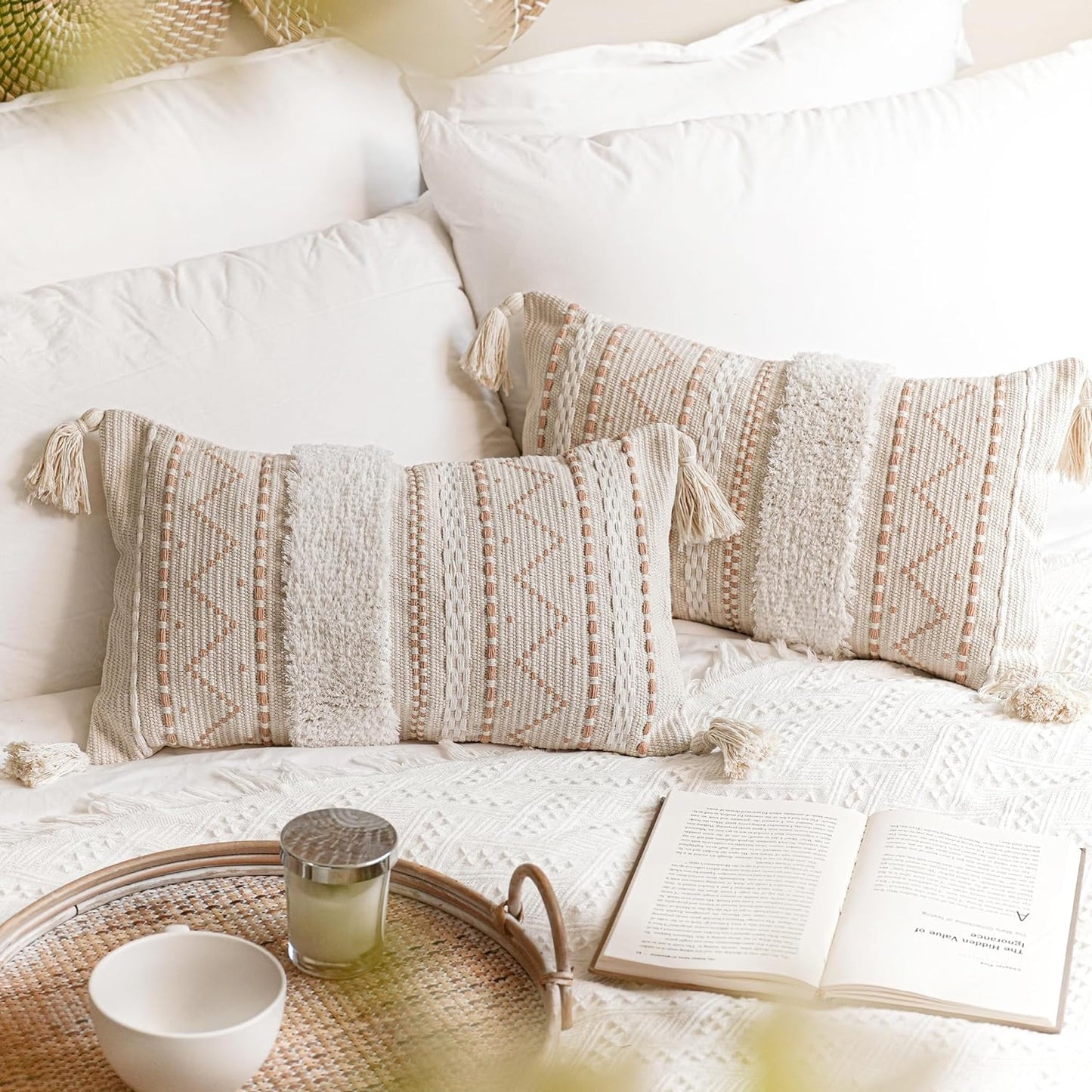 Gray Decorative Throw Pillow Cover 20x20 Combo Set of 2 Square Boho Neutral Grey Accent Pillowcase Tassels Farmhouse Cushion for Couch Sofa Bedroom Living Room Home Décor Cover ONLY