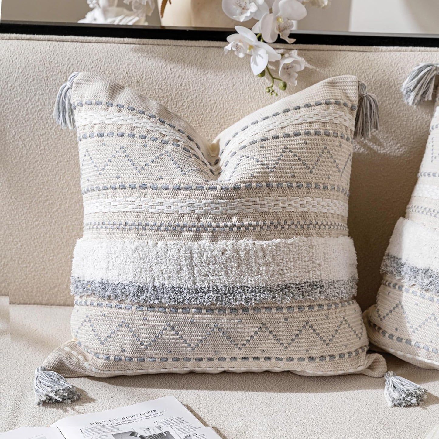Gray Decorative Throw Pillow Cover 20x20 Combo Set of 2 Square Boho Neutral Grey Accent Pillowcase Tassels Farmhouse Cushion for Couch Sofa Bedroom Living Room Home Décor Cover ONLY