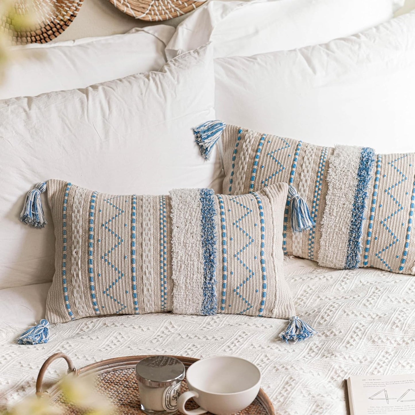 Gray Decorative Throw Pillow Cover 20x20 Combo Set of 2 Square Boho Neutral Grey Accent Pillowcase Tassels Farmhouse Cushion for Couch Sofa Bedroom Living Room Home Décor Cover ONLY