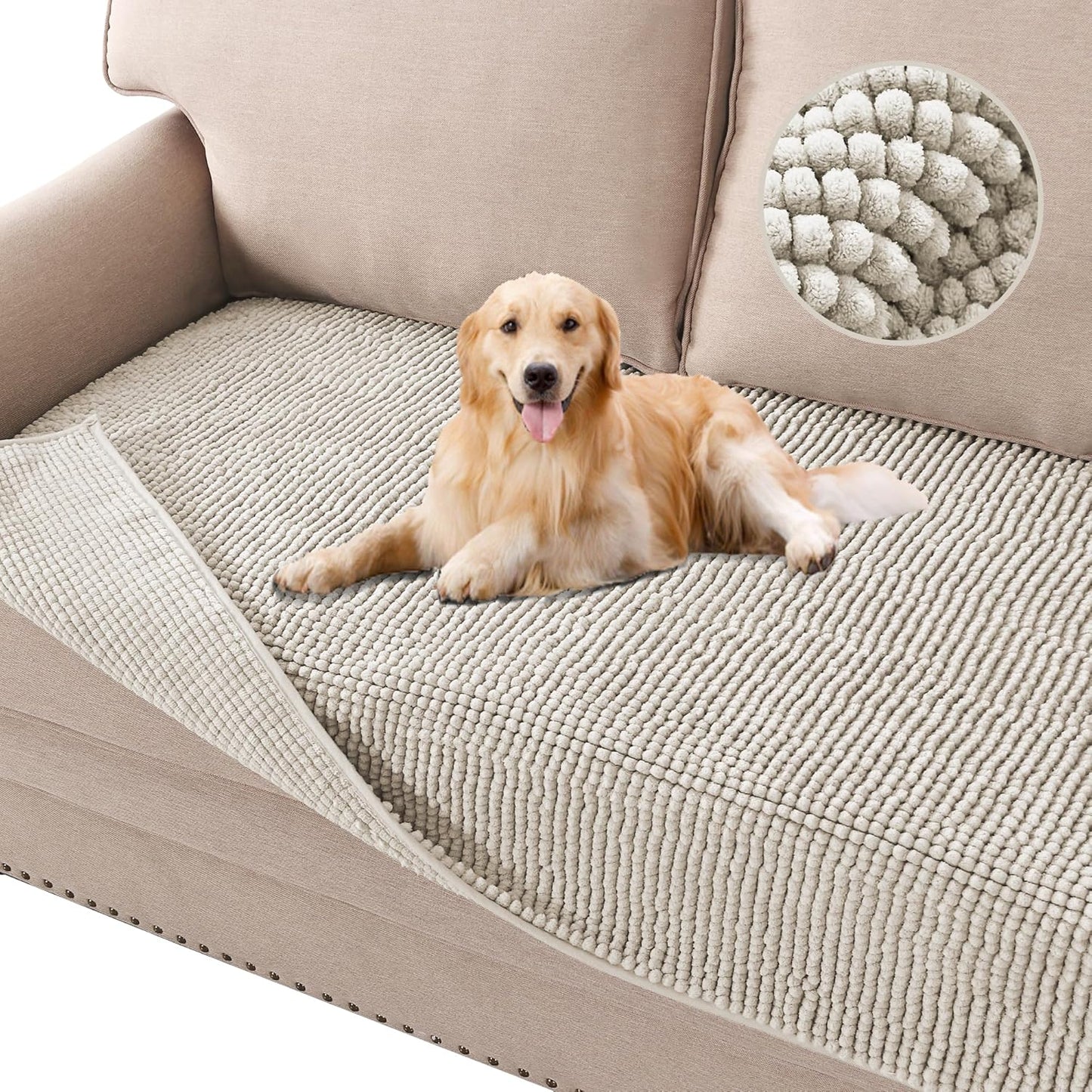 H.VERSAILTEX Plush Chenille Dog Bed Cover Thick Soft Sofa Cover for 3 Cushion Couch Anti Slip Couch Cover Furniture Protector for Dog, Pet, Cat (35" x 74", Ivory)