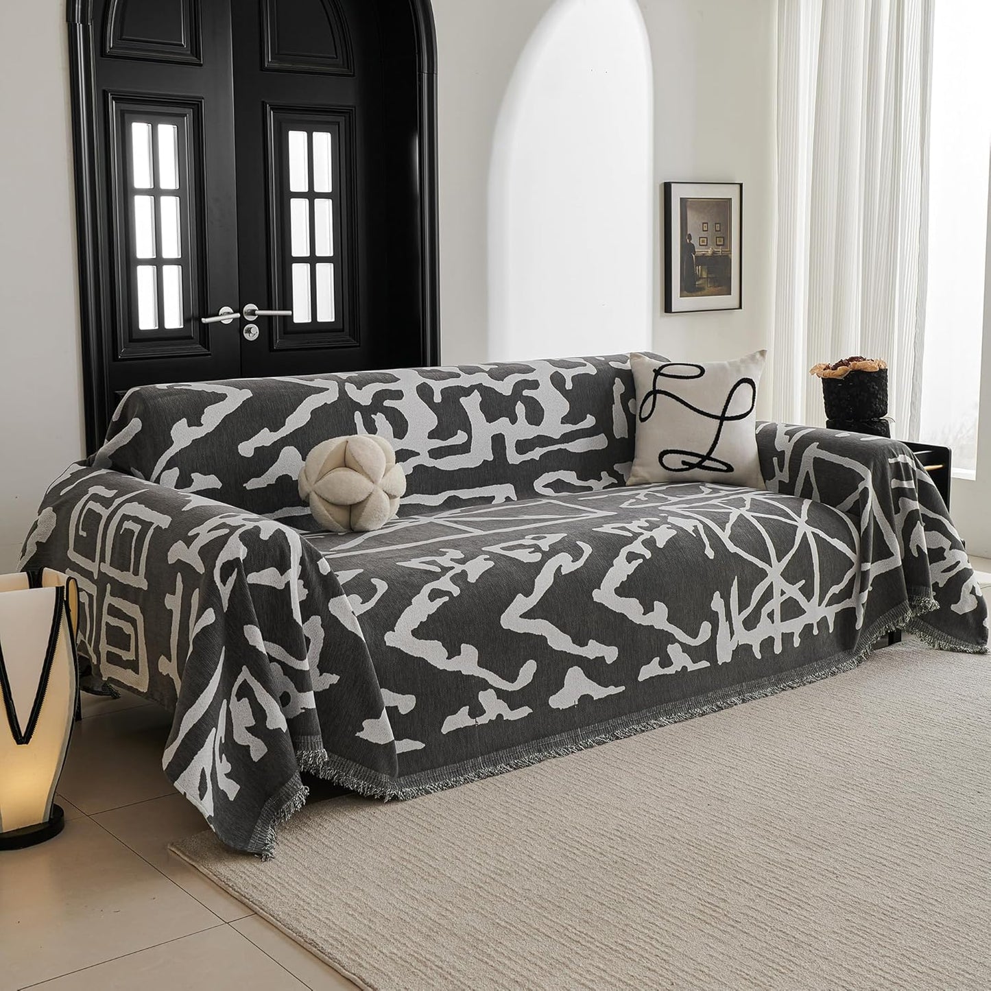 MYSKY HOME Couch Cover for Pets, Beige Couch Covers for 2 Cushion Couch Sofa, Sofa Slipcover Sectional L Shape Chenille Covers for Pets, Throw Couch for Dogs, Kids,71" X118"