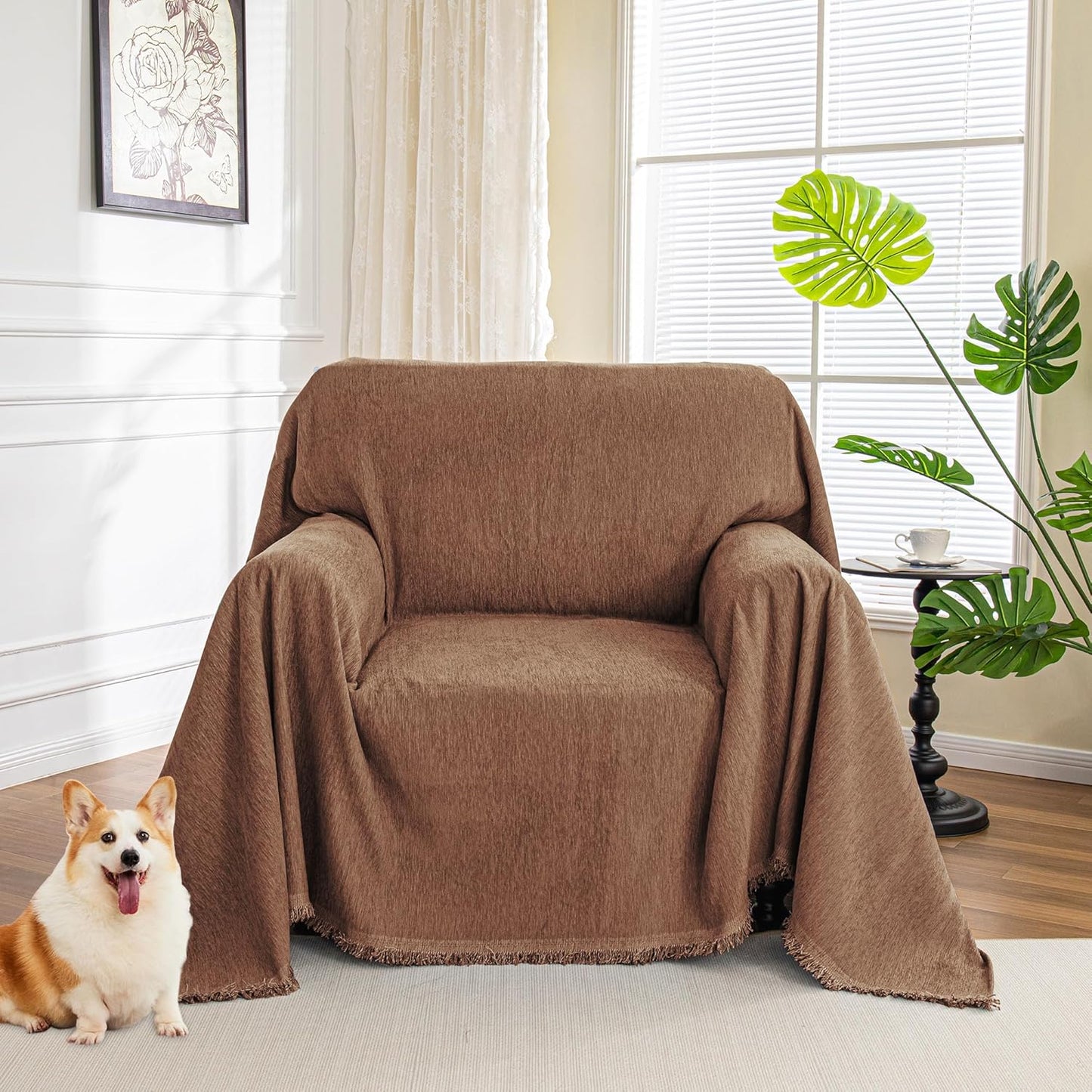 MYSKY HOME Couch Cover for Pets, Beige Couch Covers for 2 Cushion Couch Sofa, Sofa Slipcover Sectional L Shape Chenille Covers for Pets, Throw Couch for Dogs, Kids,71" X118"