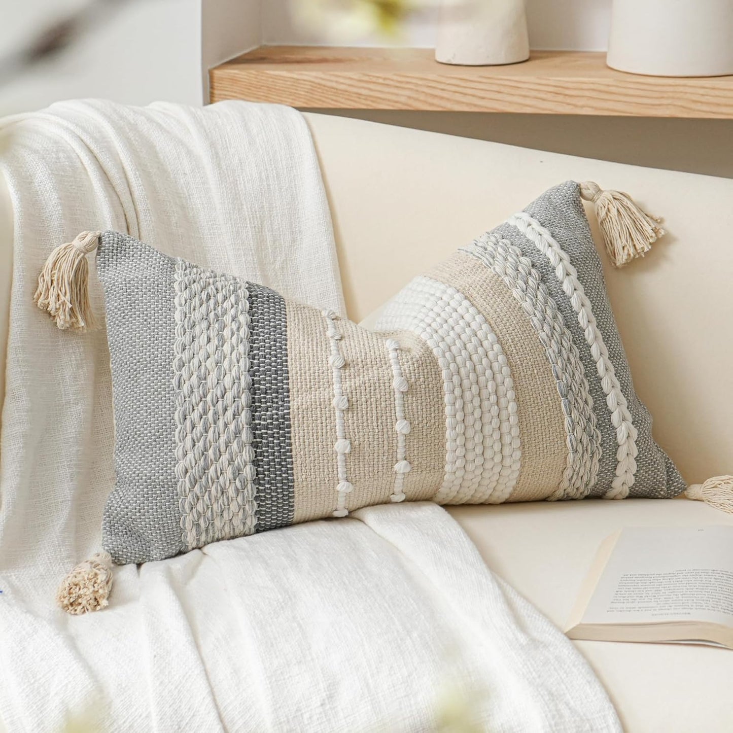 Coastal Blue Decorative Lumbar Pillow Cover 14x36 Boho Long Body Pillow for Bed Farmhouse Lumbar Throw Pillow for Couch Modern Accent Textured Throw Pillowcase