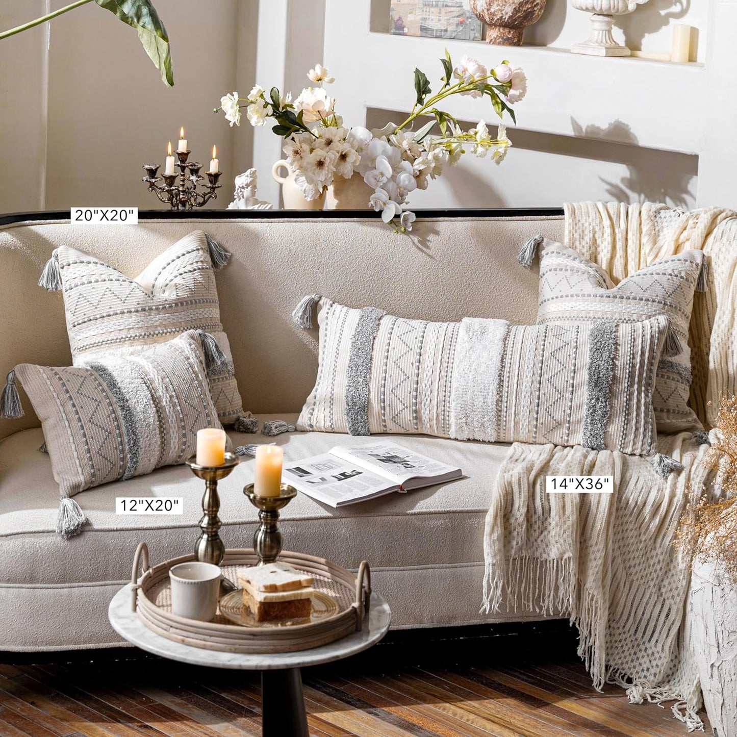 Gray Decorative Throw Pillow Cover 20x20 Combo Set of 2 Square Boho Neutral Grey Accent Pillowcase Tassels Farmhouse Cushion for Couch Sofa Bedroom Living Room Home Décor Cover ONLY