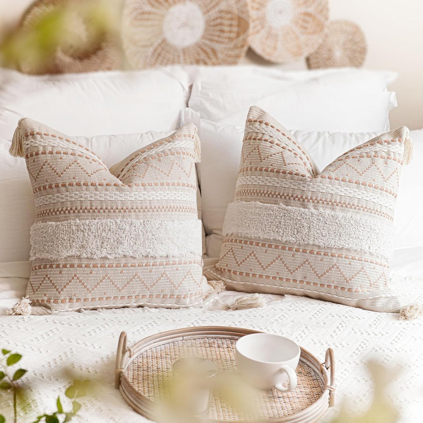 Gray Decorative Throw Pillow Cover 20x20 Combo Set of 2 Square Boho Neutral Grey Accent Pillowcase Tassels Farmhouse Cushion for Couch Sofa Bedroom Living Room Home Décor Cover ONLY