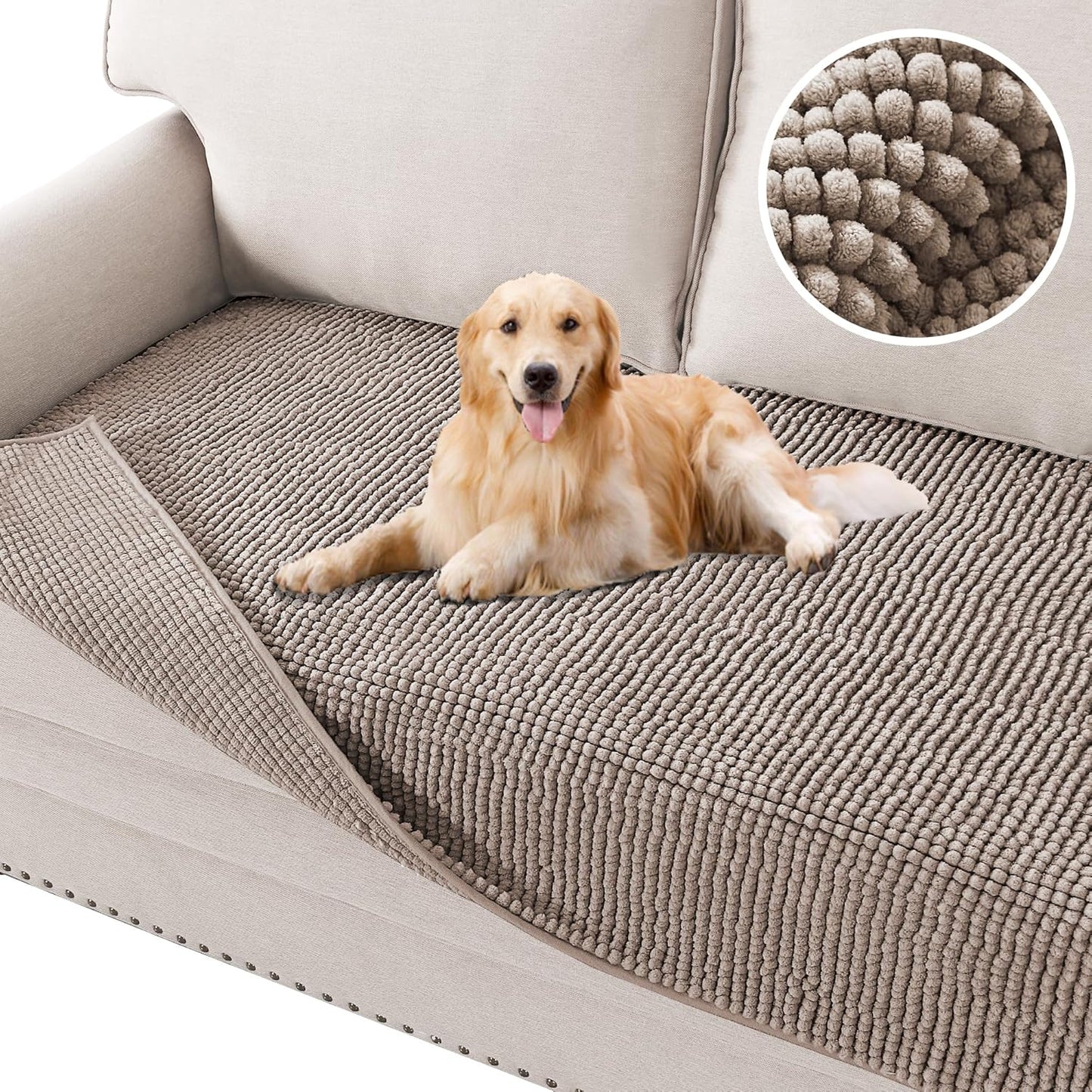 H.VERSAILTEX Plush Chenille Dog Bed Cover Thick Soft Sofa Cover for 3 Cushion Couch Anti Slip Couch Cover Furniture Protector for Dog, Pet, Cat (35" x 74", Ivory)