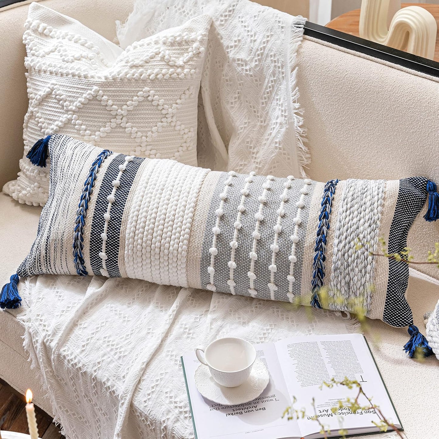 Coastal Blue Decorative Lumbar Pillow Cover 14x36 Boho Long Body Pillow for Bed Farmhouse Lumbar Throw Pillow for Couch Modern Accent Textured Throw Pillowcase